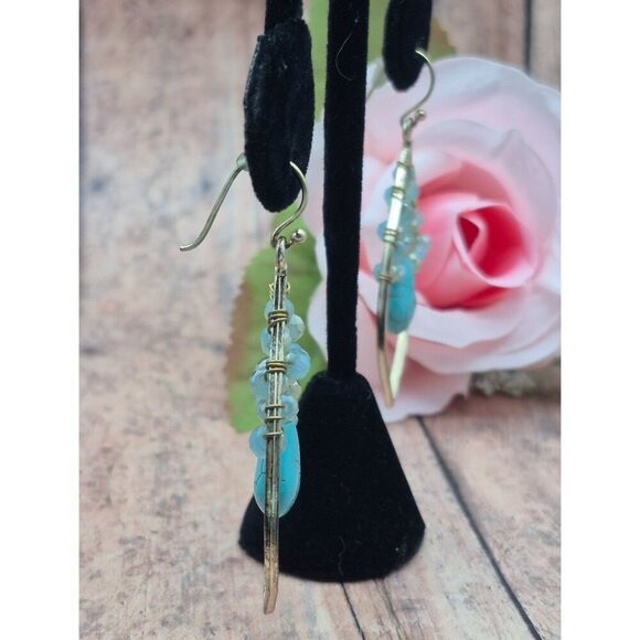 Gold Tone & Faux Turquoise Teardrop Earrings Hook Clasps Faceted Beads Statement - Picture 3 of 7